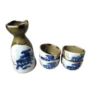 Set 5 Piece Sake Rice Green Pottery Japanese Drink Cups Pitcher
